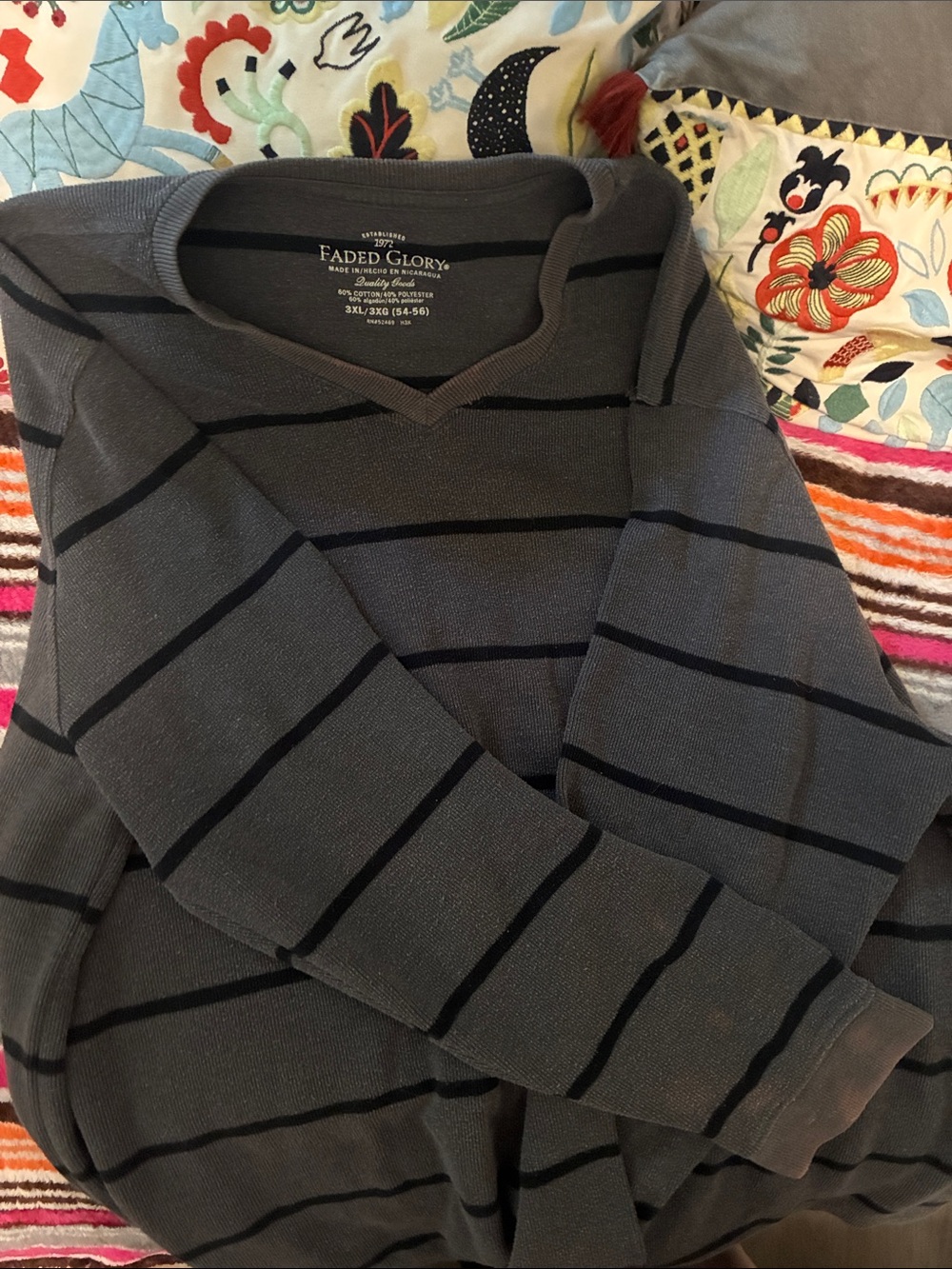 Faded Glory Charcoal Gray V-Neck Sweater with Black Stripes
